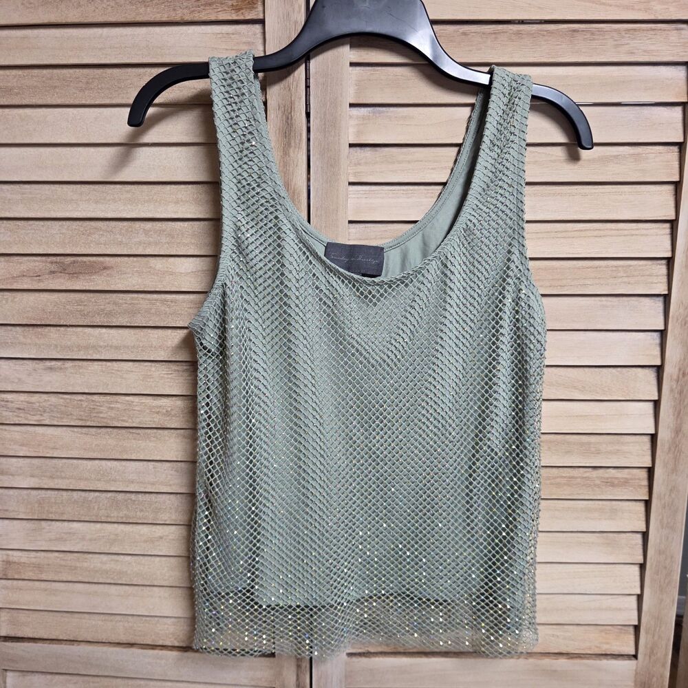 Anthropologie Sunday In Brooklyn Rhinestone Mesh Tank Size XS Green Whimsigoth